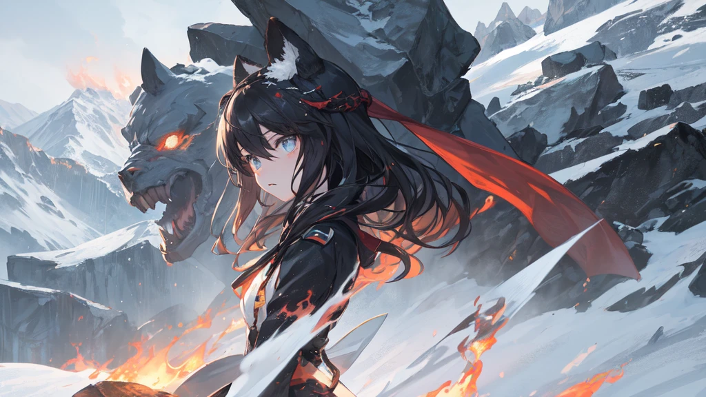 masterpiece:1.2), best quality , 独奏 ,pixiv, anime girl ，long straight white hair , black eyes ,Wearing off-white camouflage uniform ,，military fortress，(Eyes looking into the distance:1.3)，(look away:1.5)，snowy weather，dirty face，The background is a sea of fire with blood on the forehead，dirty face，Backlight，Bare rocky peaks ,Fierce flames are burning，The expression is sad，Grit your teeth，