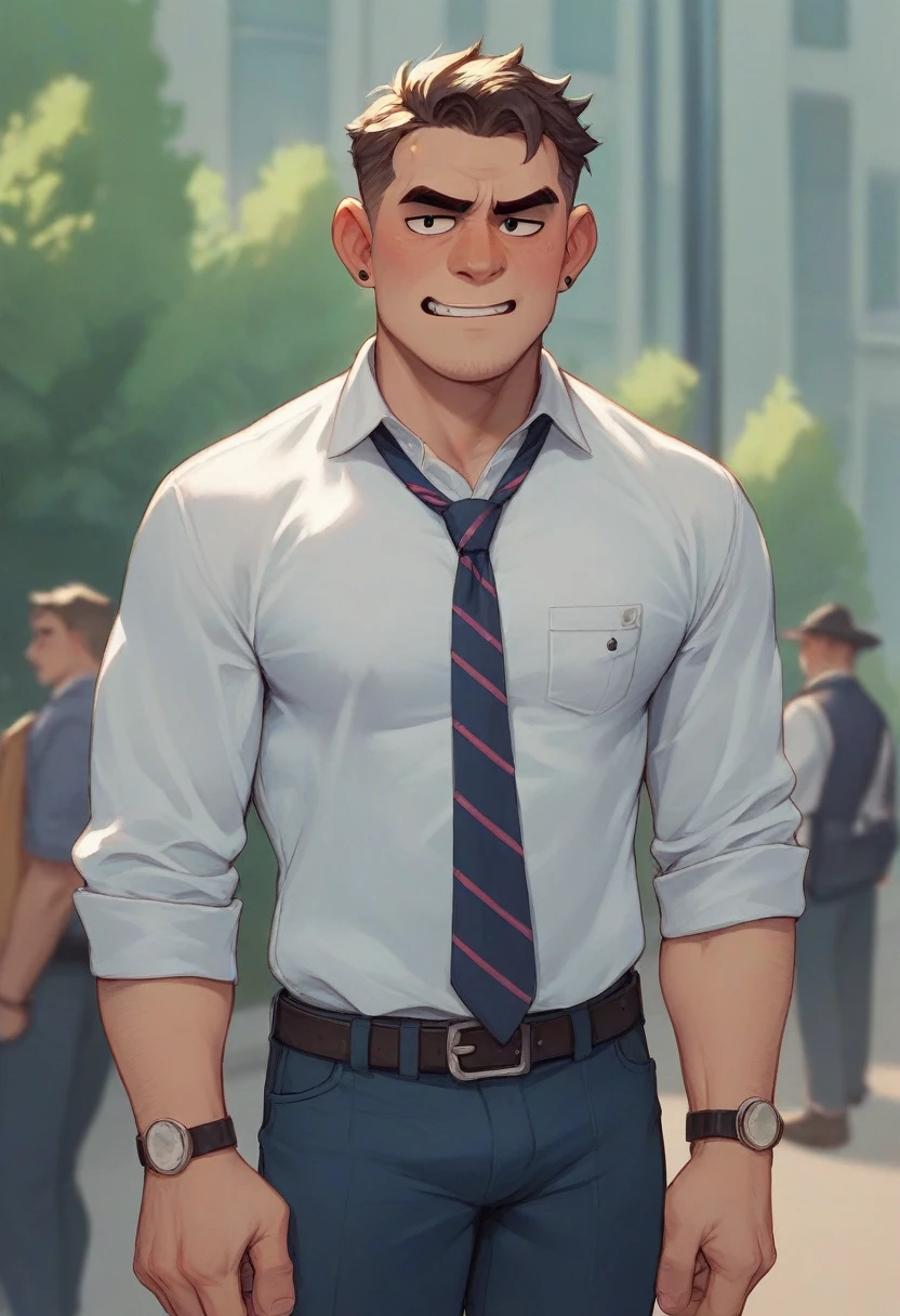 A guys who's showing off his dick and hiding the top of his dick in suit 