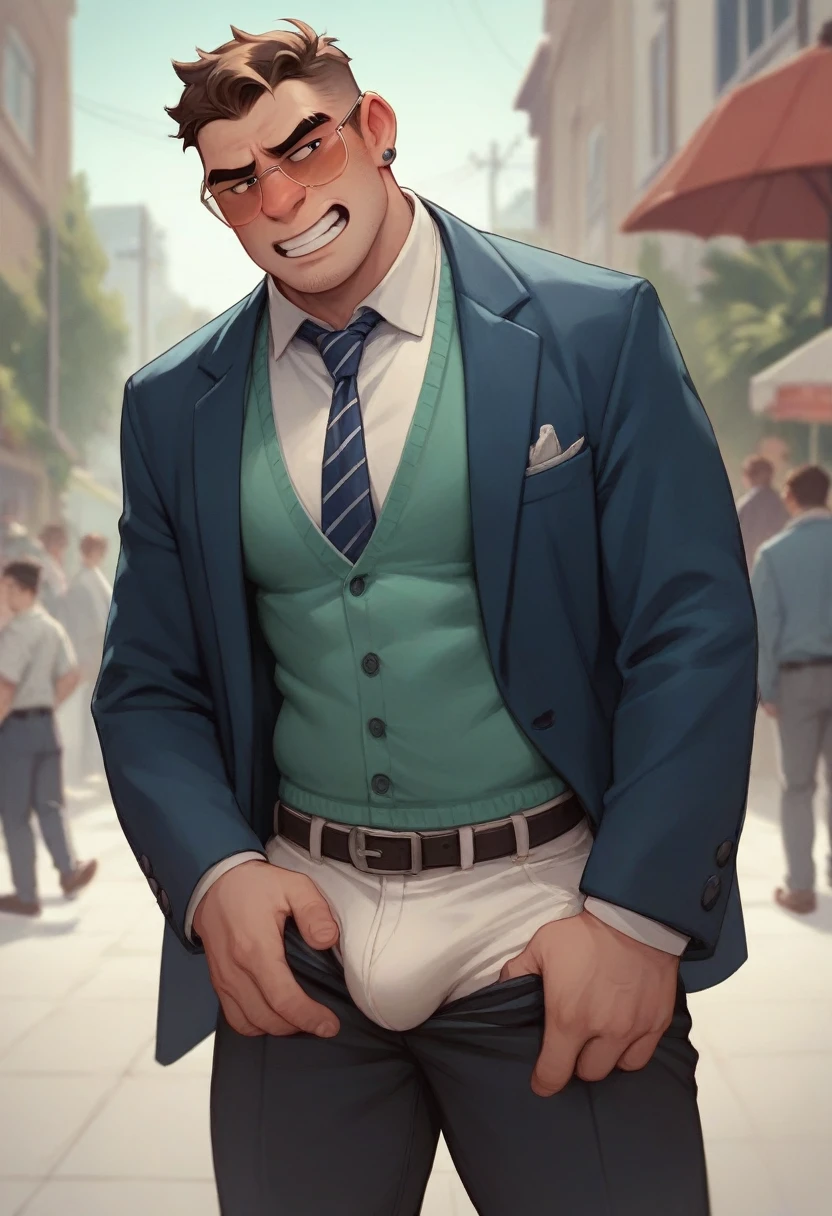 A guys who's showing off his dick and hiding the top of his dick in suit 