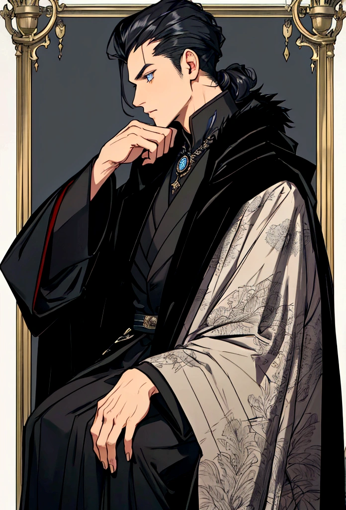 Sharp picture, Close-up of a person wearing a cloak, Wear black robes,old phonograph, gramophone , Listen to music , Elegant black clothes, Dark black clothes with black embroidery, Outfit with silver accents, Elegant dark royal robes, The luxurious clothes of the Imperial Family, Luxury coat, Royal Cape, fur coat, black hair, blue eyes, nonsense,High resolution,Very detailed),1 person,AS-Adult,handsome,The boy was tall and muscular.,Broad shoulders,Face profile of a 25 year old man, Fine, detailed eyes and a detailed face.,Quiff hairstyle, black short hair,Sit and rest.,Listen to music,rest day ,The background is the house.