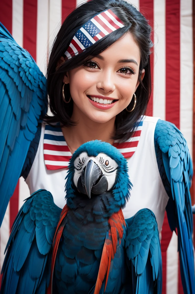 blue macaw smiling with a US flag on her shoulders over her wings she must be smiling