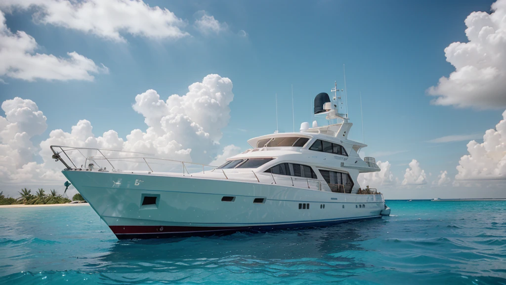 35mm film photography low wide angle White yacht in the blue sea sunny day beach sand maldives luxury