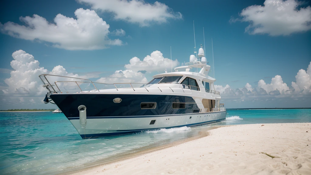 35mm film photography low wide angle White yacht in the blue sea sunny day beach sand maldives luxury