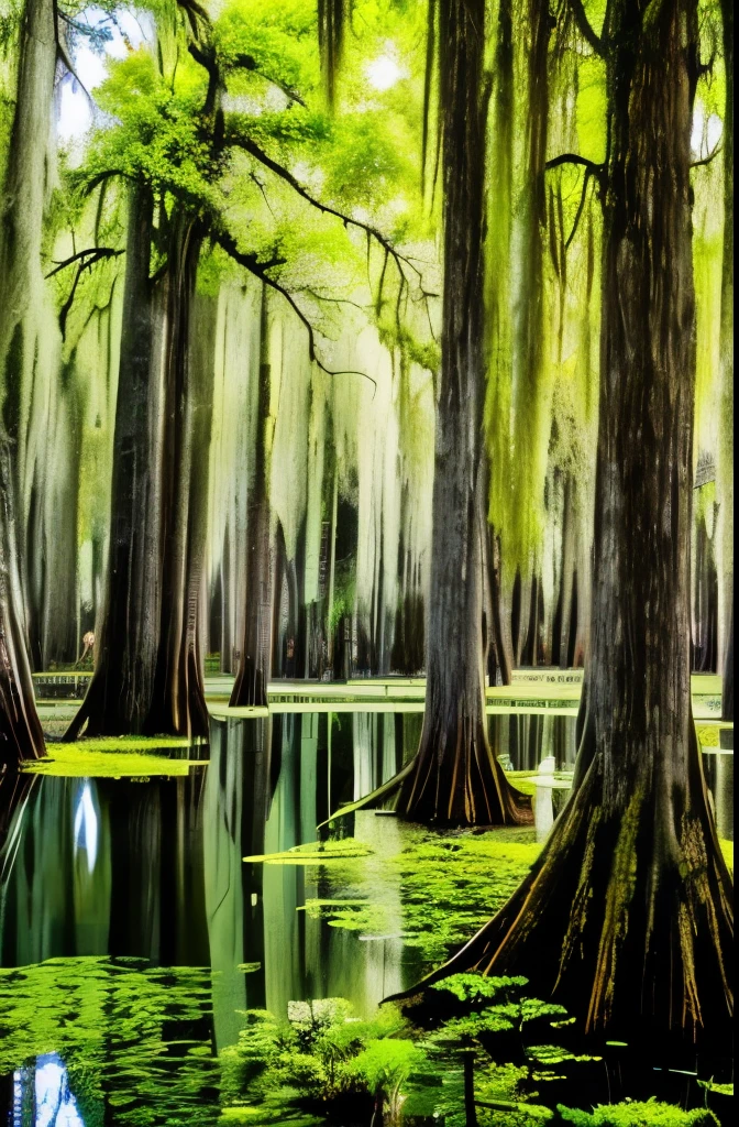 trees are growing in the water near a swamp with moss, spanish moss, louisiana swamps, scene from louisiana swamps, backwater bayou, tall cypress trees, colorful otherworldly trees, cypress trees, old trees, swamp forest, swamps, beautiful ancient trees, an old twisted tree, huge central tree, giant trees, by Neil Blevins, tangled trees
