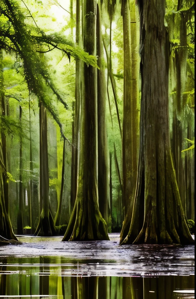 trees are growing in the water near a swamp with moss, a portrait by Neil Blevins, flickr, visual art, spanish moss, louisiana swamps, scene from louisiana swamps, backwater bayou, tall cypress trees, colorful otherworldly trees, cypress trees, old trees, swamp forest, swamps, beautiful ancient trees, an old twisted tree, huge central tree