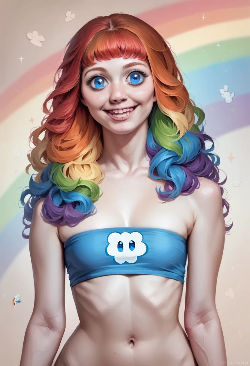 Beautiful mulatto girl, Black and rainbow hair, Black and rainbow makeup, hip hop girl, (), sex point of view, reverse cowgirl position, Reverse driving, NSFW, Girl on top of exposed breasts,, curly afro, holographic dress, Transparent, slender, rainbow eyes, tribal tattoos, naked, showing the vagina, They show everything