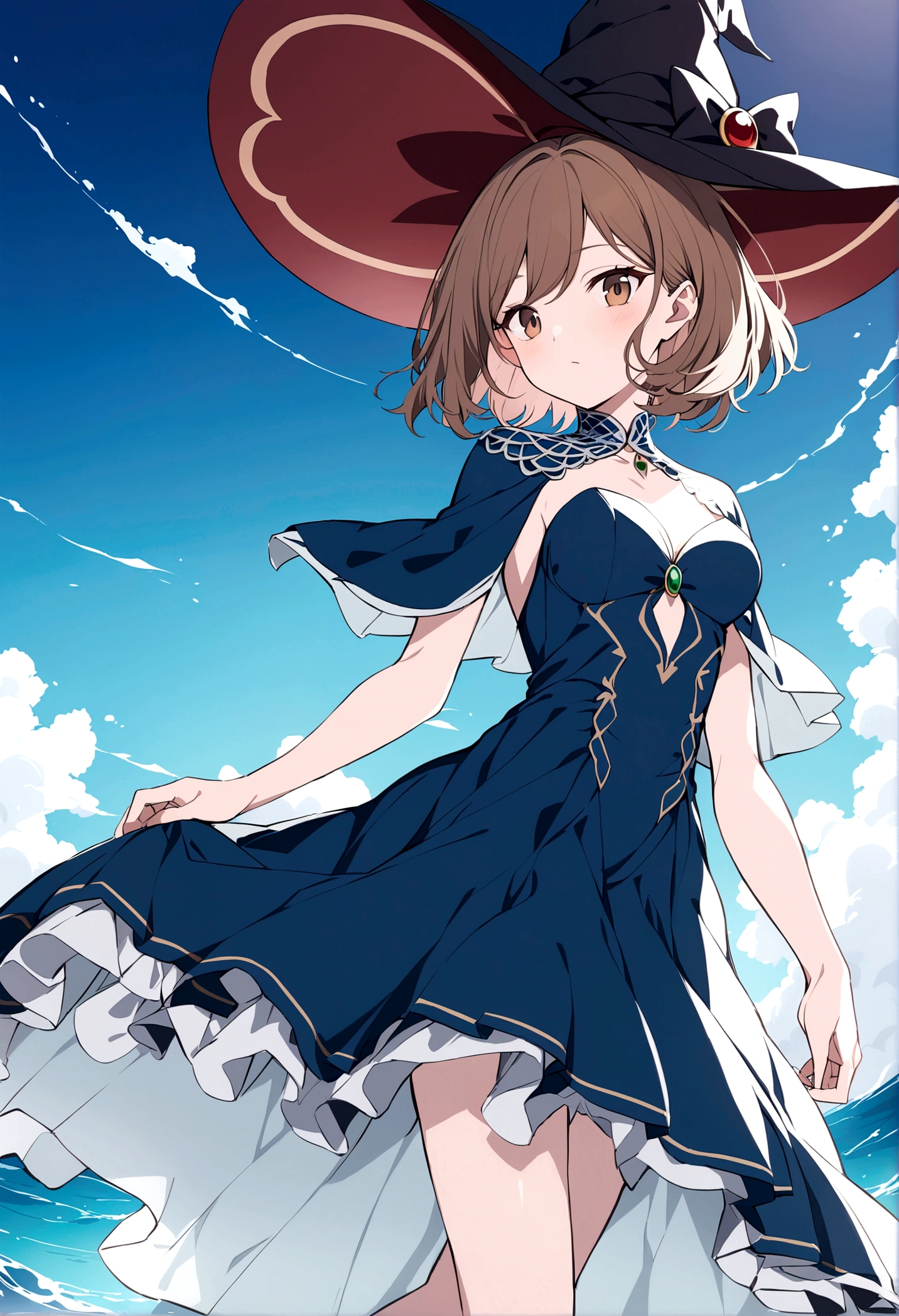 anime girl with red, medium-short hair, Brown eyes, blue dress and witch hat, make her a very mysterious and original dress, add accessories that allude to the power of the sea