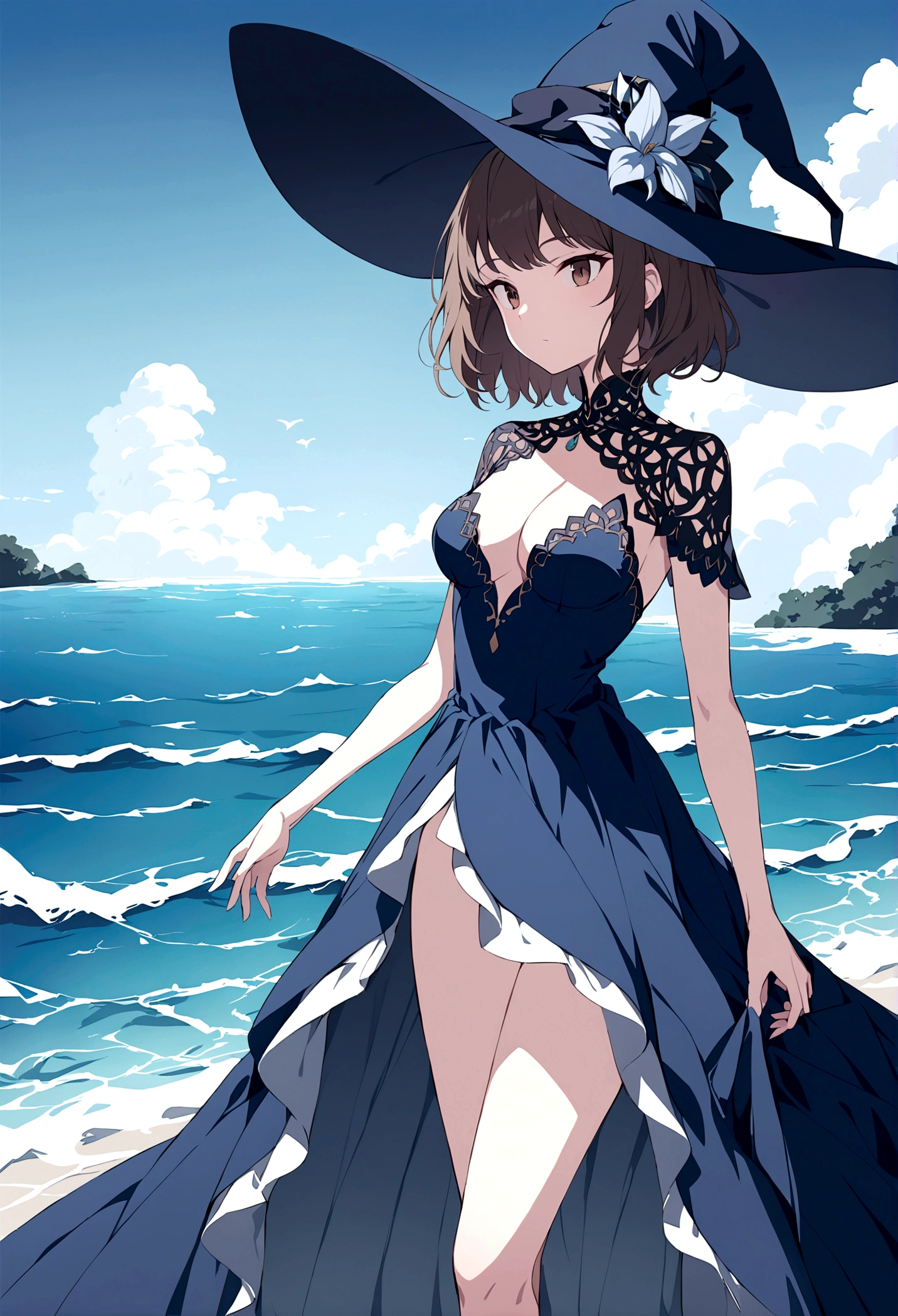 anime girl with red, medium-short hair, Brown eyes, blue dress and witch hat, make her a very mysterious and original dress, add accessories that allude to the power of the sea
