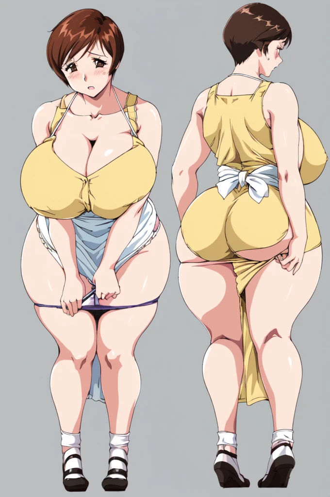 masterpiece, highest quality, High resolution, One girl, alone, sexual intercourse, Pornographic images, short hair, etsukoto, Brown eyes, fine grain, fine grain, (((Thick thighs, Plump thighs, Voluptuous thighs, Thighs alone are enough))), Huge and ample breasts, Cleavage, Huge long breasts, Naughty big,((Big breasts are important))、((Naughty thighs)), L Cup, (thin:1.4),(Tight waist:1.4), (yellow dress:1.4), ((white waist apron, white panty), Embarrassed look, blush, (((Simple Background))), ((Wide Hips)), Shiny, Oily skin, Mature mother, Calf, Seductive mature woman, Perfect body, Plus Size Model, curvy, ample, etsukoto, blush, clavicle, retro artstyle, 1990s (style), (thick thighs:1.4), (((bursting breast))), ((panty pull, panty drop)), from behind, back view, (from side:0.8), nsfw,