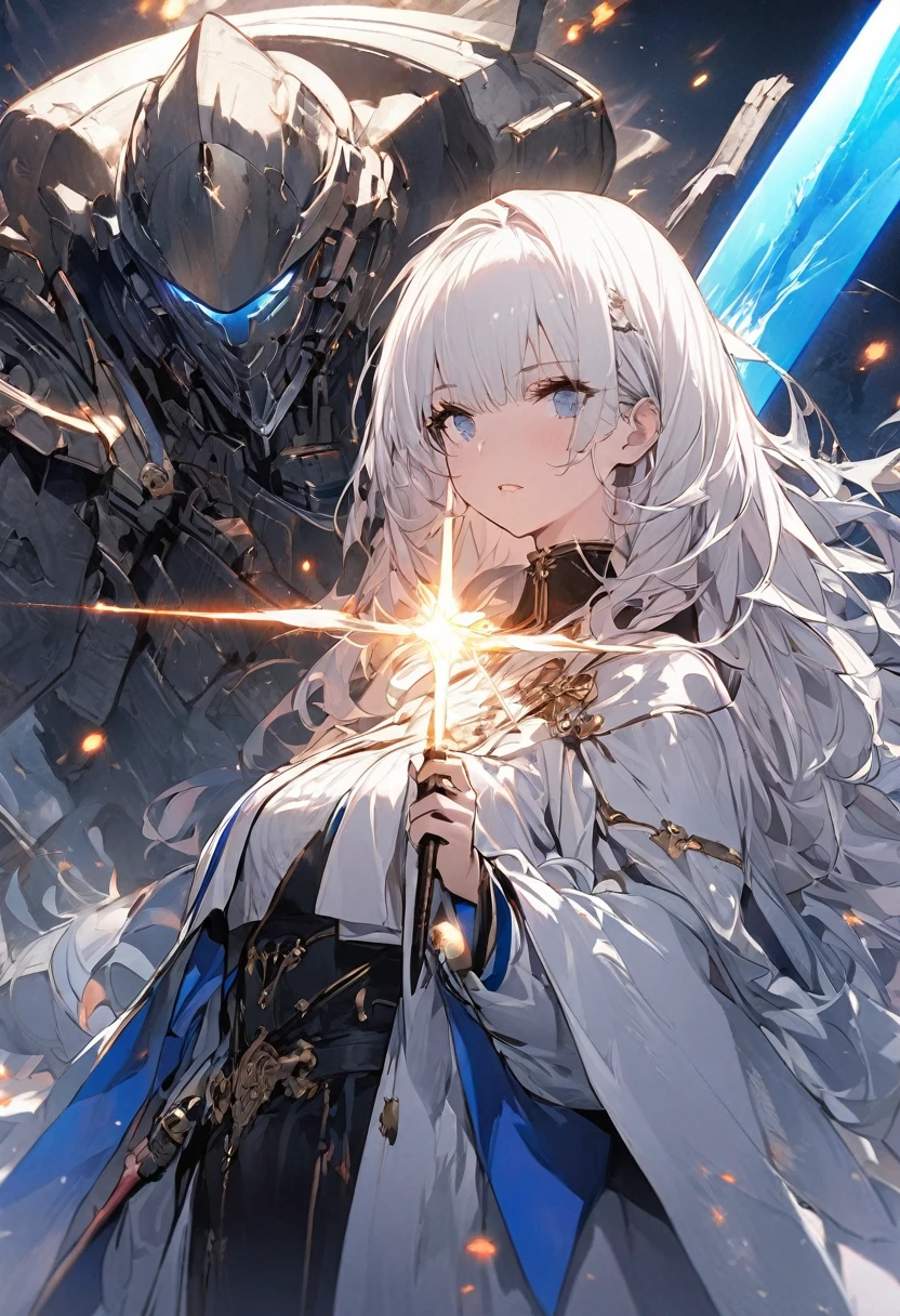 A woman, ((a leader of a fleet of intergalactic armies)), standing amidst the embers of battle, ((her white hair glowing bluish and a manifestation of her strength)), the greatsword in her hand emitting a bright contrast blue light representing the determination of its wielder, an intergalactic military uniform, a commander's hat indicating her capacity as a leader, against the background of a blue sun that marks the end of time. A masterpiece illustration, a light novel cover, best quality, best detail