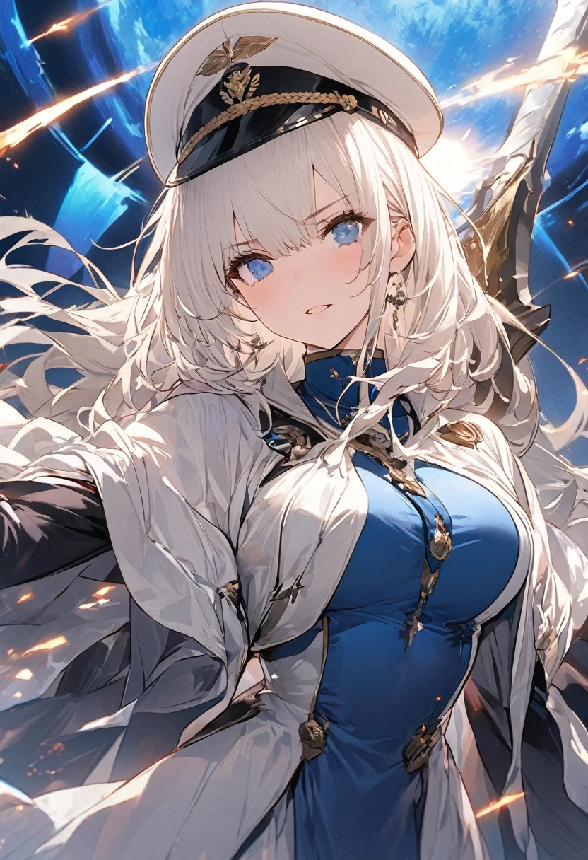 A woman, ((a leader of a fleet of intergalactic armies)), standing amidst the embers of battle, ((her white hair glowing bluish and a manifestation of her strength)), the greatsword in her hand emitting a bright contrast blue light representing the determination of its wielder, an intergalactic military uniform, a commander's hat indicating her capacity as a leader, against the background of a blue sun that marks the end of time. A masterpiece illustration, a light novel cover, best quality, best detail