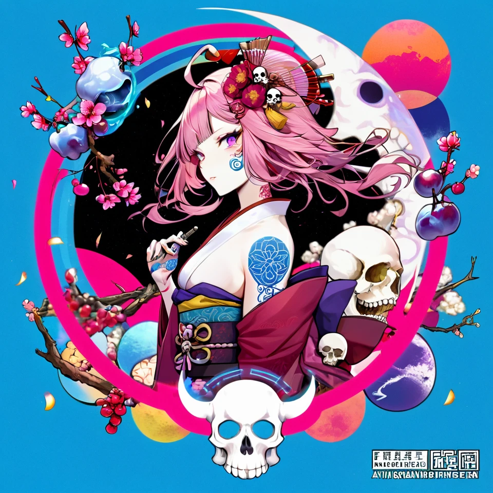 A highly detailed and creative illustration of a tattooed geisha wearing a gas mask, cherry blossoms, skulls, Japanese writing, fantasy style, inspired by Dan Mumford and Frank Franzetta, sketch-like quality, white electric pink blue red yellow outlines, bright colors, logo-style composition, negative space