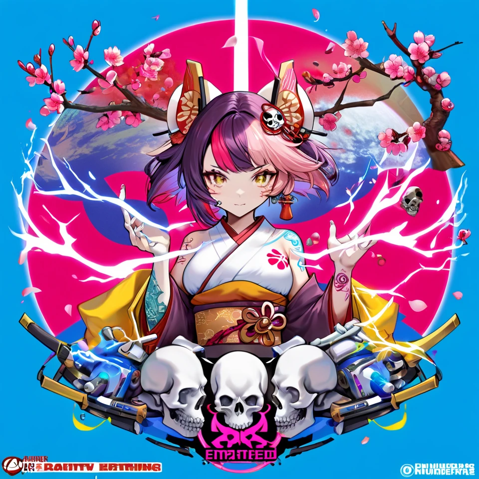 A highly detailed and creative illustration of a tattooed geisha wearing a gas mask, cherry blossoms, skulls, Japanese writing, fantasy style, inspired by Dan Mumford and Frank Franzetta, sketch-like quality, white electric pink blue red yellow outlines, bright colors, logo-style composition, negative space