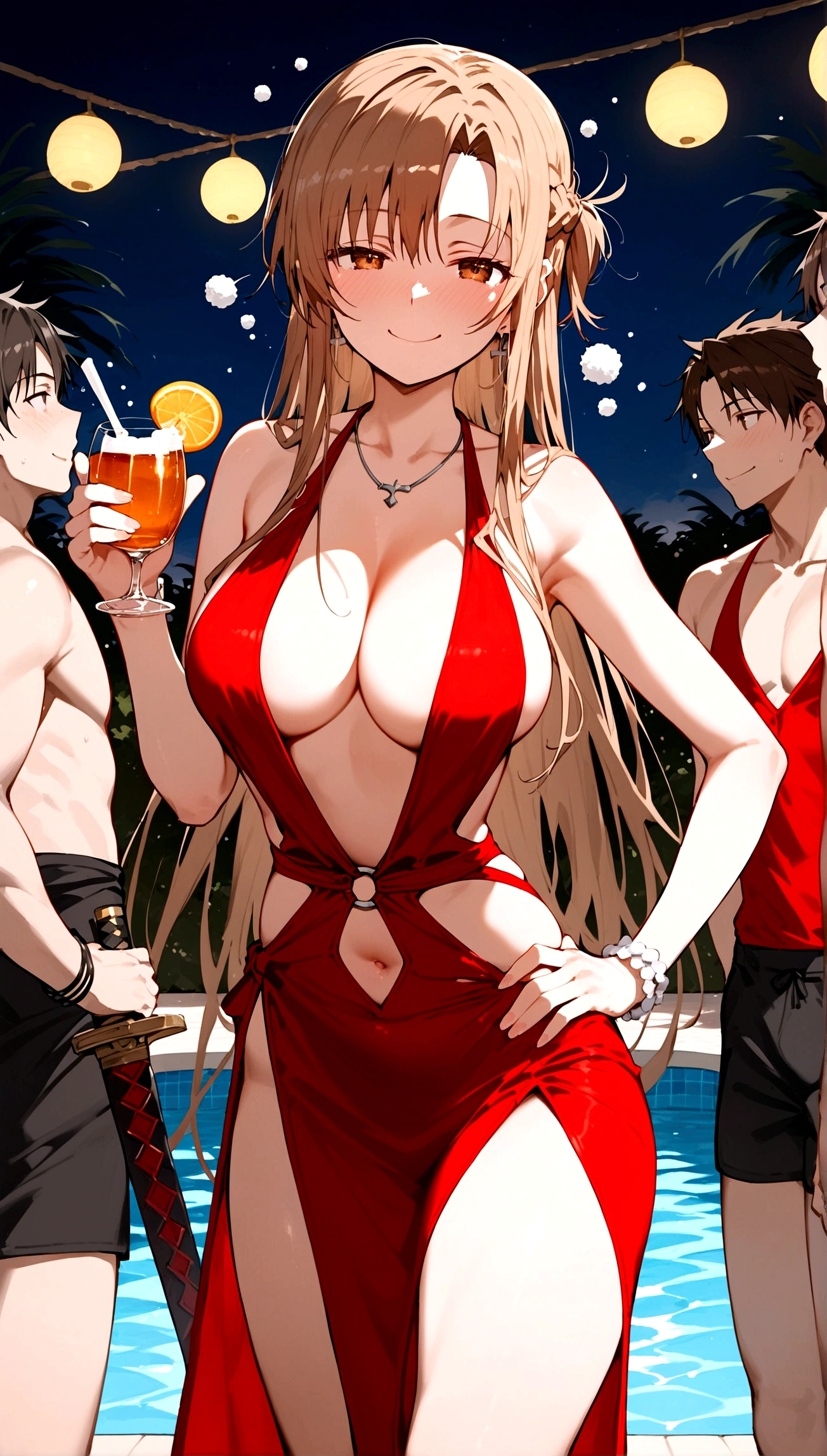 score_9,score_8_up,score_7_up,18 year old,1girl,asuna \(sao-alo\), sword art online,yuuki asuna,nsfw,brown eyes, brown hair, long hair, bangs, braid,standing,leg lift,hand on hip, holding cup,drunk-seductive-smile,blush,large breasts,brown hair,parted hair,long hair,red dress ,plunging neckline,center opening,cleavage,navel,earrings,bracelet,pool-party ,multiple-people,surrounding by 5 strong boys,