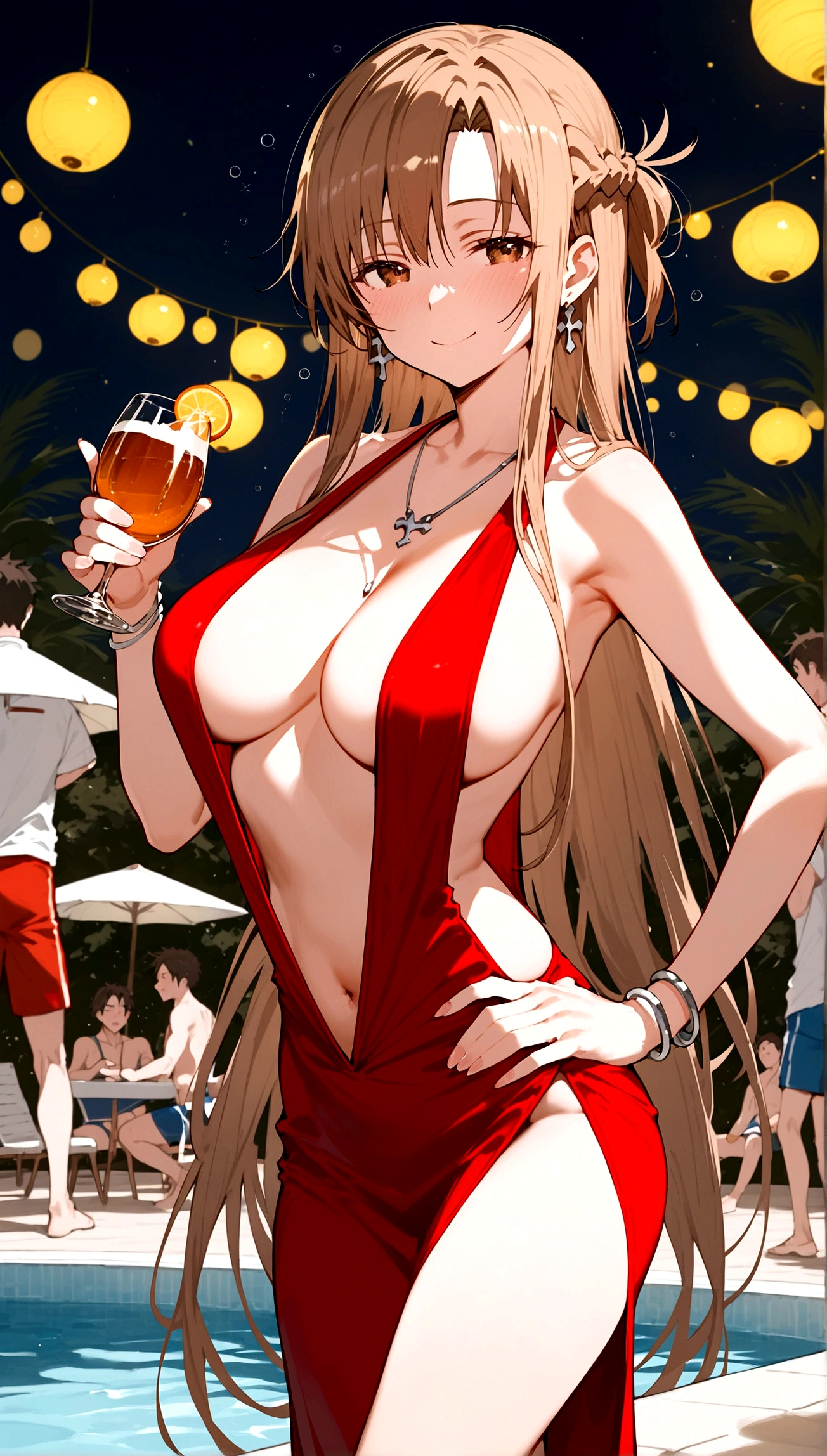 score_9,score_8_up,score_7_up,18 year old,1girl,asuna \(sao-alo\), sword art online,yuuki asuna,nsfw,brown eyes, brown hair, long hair, bangs, braid,standing,leg lift,hand on hip, holding cup,drunk-seductive-smile,blush,large breasts,brown hair,parted hair,long hair,red dress ,plunging neckline,center opening,cleavage,navel,earrings,bracelet,pool-party ,multiple-people,surrounding by 5 strong boys,