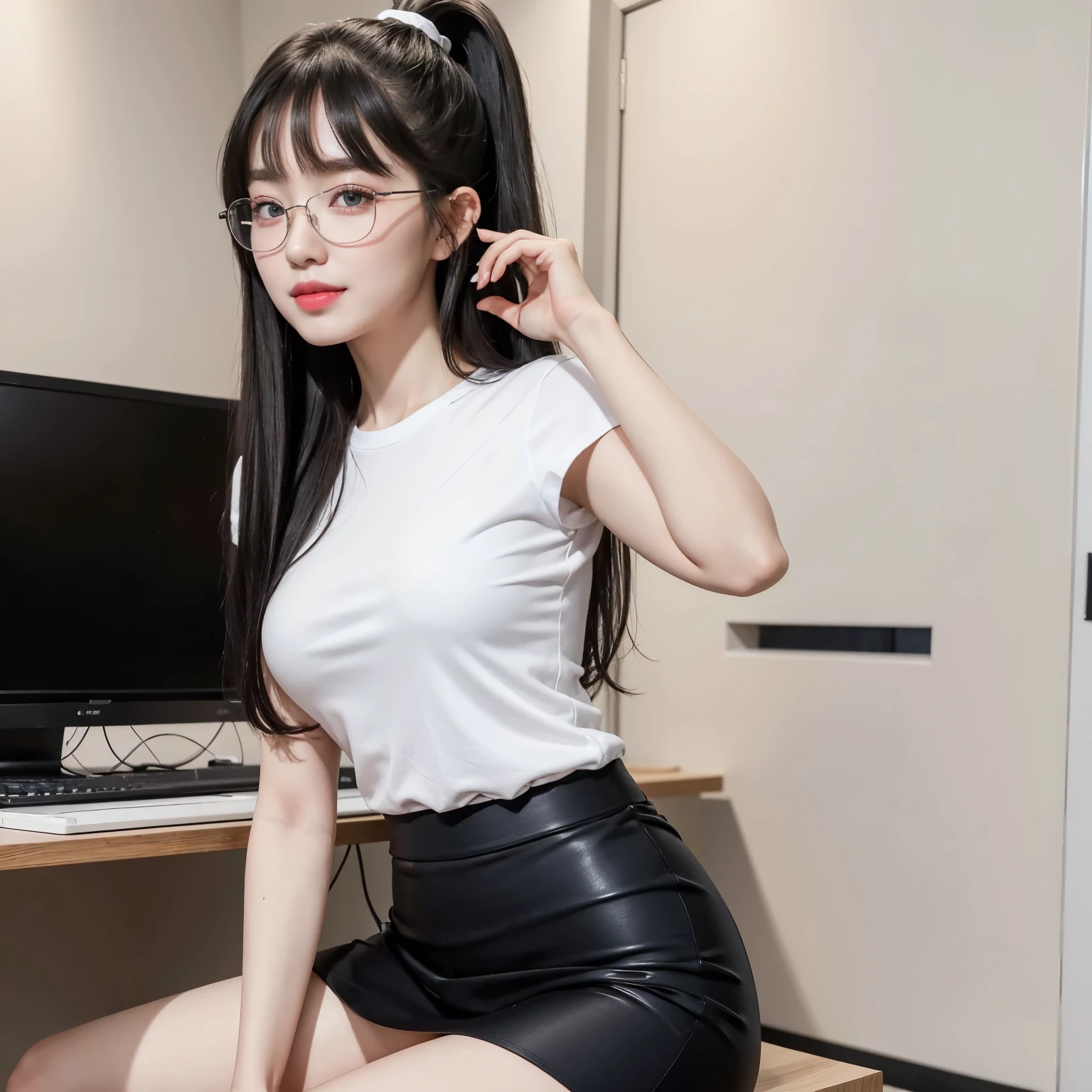 ((best quality)), ((masterpiece)), (detailed), 1girl, RAW, 4k, hd images, 1girl, white skin, long hair, ponytail, layers hair, bangs, black hair, beautiful girl, cute girl, pretty girl,perfect girl, pretty eyes, blue eyes, thin lips, pink lips, thin, perfect , potrait, glasses, sweet smile, 17 years old, office white shirt, black mini skirt span, thigh, full body