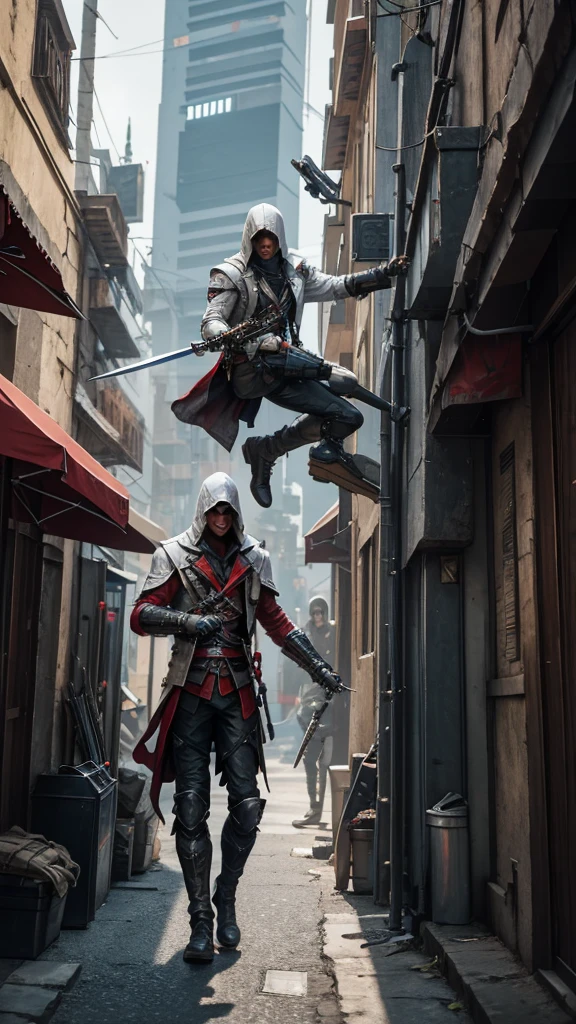 Two Cyberpunk Assassin's Creed Holding a sword, Climb on the rafters on the wall on the restaurant street on a modern street. Robots work everywhere. Modern weapons. Modern red suit. Electronic city. Modern weapons. White suit. Hold the blade.Metal robot arm.
Hold gun.