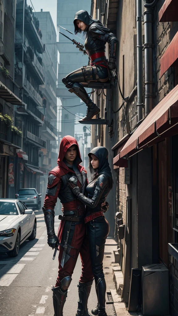 Two Cyberpunk Assassin's Creed Holding a sword, Climb on the rafters on the wall on the restaurant street on a modern street. Robots work everywhere. Modern weapons. Modern red suit. Electronic city. Modern weapons. White suit. Hold the blade.Metal robot arm.
Hold gun.
