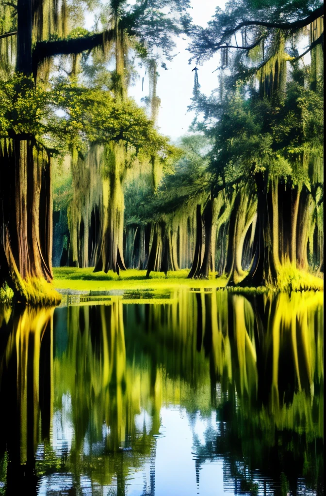 trees are growing in the water near a swamp with moss, spanish moss, louisiana swamps, scene from louisiana swamps, backwater bayou, tall cypress trees, colorful otherworldly trees, cypress trees, old trees, swamp forest, swamps, beautiful ancient trees, an old twisted tree, huge central tree, giant trees, by Neil Blevins, tangled trees