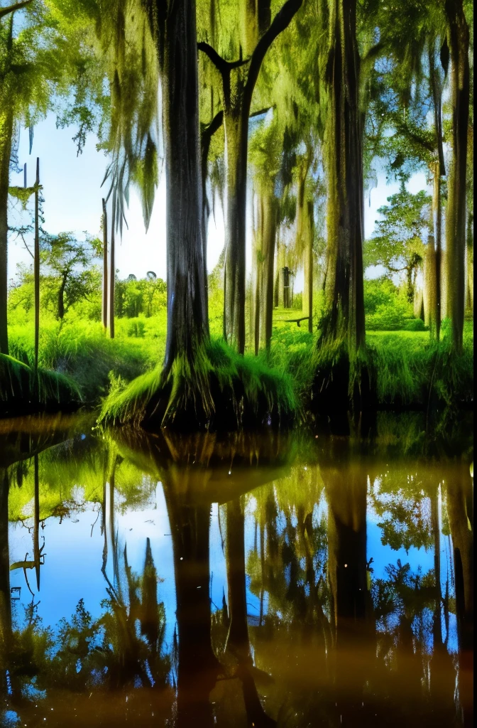 trees are growing in the water near a swamp with moss, a portrait by Neil Blevins, flickr, visual art, spanish moss, louisiana swamps, scene from louisiana swamps, backwater bayou, tall cypress trees, colorful otherworldly trees, cypress trees, old trees, swamp forest, swamps, beautiful ancient trees, an old twisted tree, huge central tree