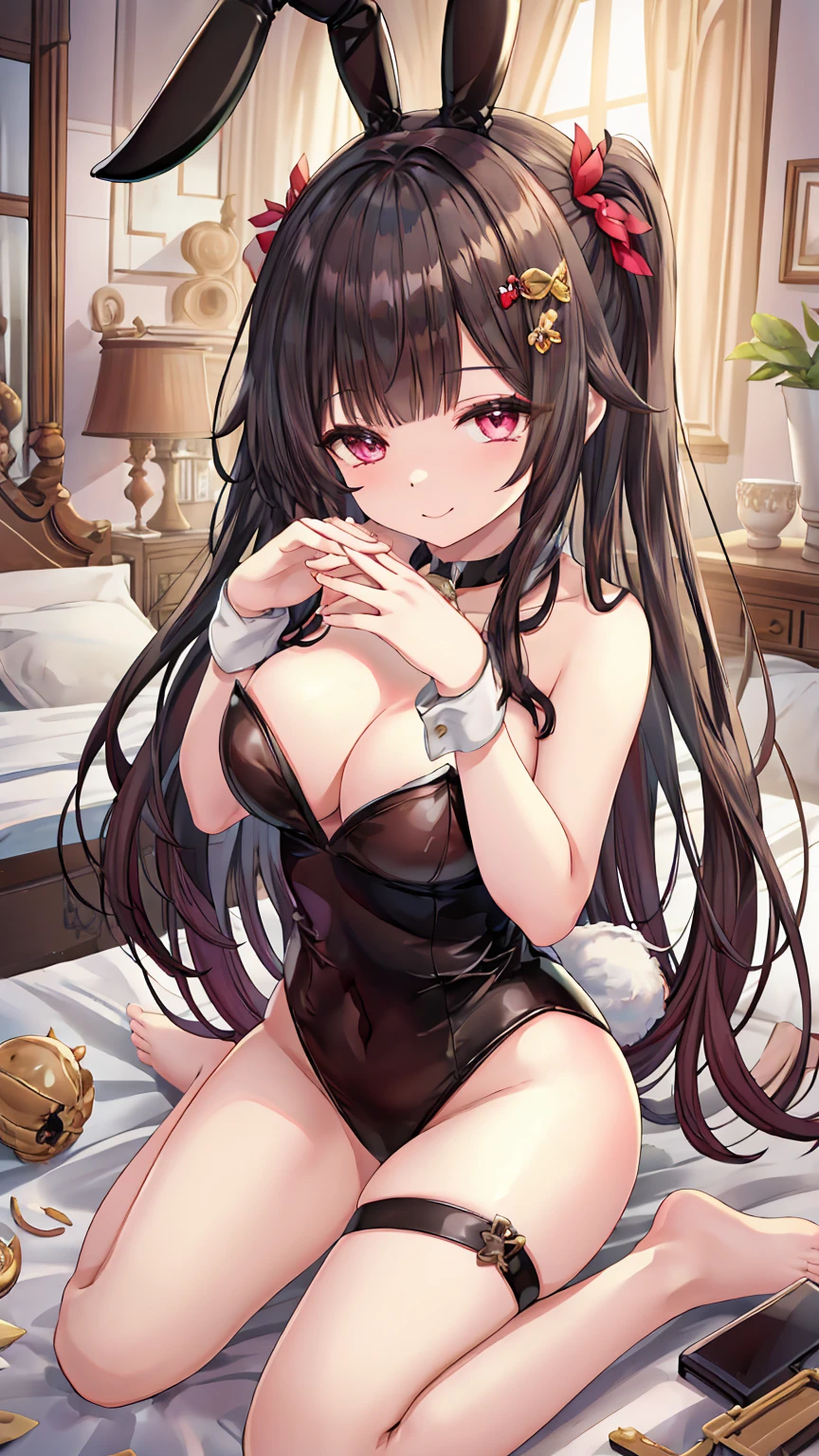 sparklehsr, mask on head, choker, single glove, bracelet, thigh strap break (lack playboy bunny, overexplosure:1.3), barefoot, barefoot, (wariza:1.5), Half-closed eyes, (On the bed:1.4) break looking at viewer, (Cowboy Shot:1.5), smile,下から構figure, Thighs, セクシー break (masterpiece:1.2), Highest quality, High resolution, unity 8k wallpaper, (figure:0.8), (美しいFine grain:1.6), Highly detailed face, Perfect lighting, Highly detailed CG, (Perfect hands, Perfect Anatomy) break ((masterpiece,Highest quality)), Super detailed, Shine, Shine光, Ray Tracing, (Perfect Face, Detailed face, Fine grain, Perfect hands, Perfect Fingers:1.5), HD, Super cute face, Highest quality, Super detailed break Shine目, (Highest qualityの写実的なイラスト), (Super fine), (Cute illustrations:1.3), (High chroma:1.3),, Beautiful detailed face and eyes, Dynamic lighting, (Very delicate and beautiful) break (Nice hands), (Perfect hands:1.4), Highly detailed illustration, Super cute and beautiful, Highest quality, slender, ,Baby Face,