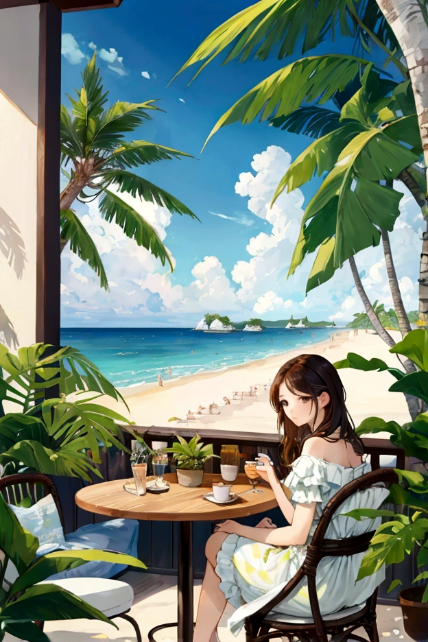 Tropical、Beach、Cafe、Large terrace、girl,Landscape painting