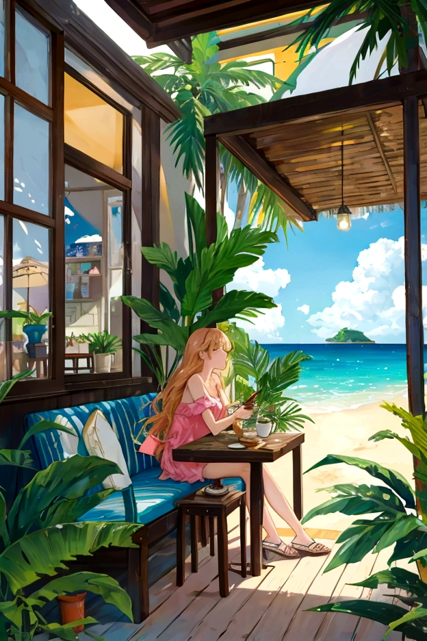 Tropical、Beach、Cafe、Large terrace、girl,Landscape painting