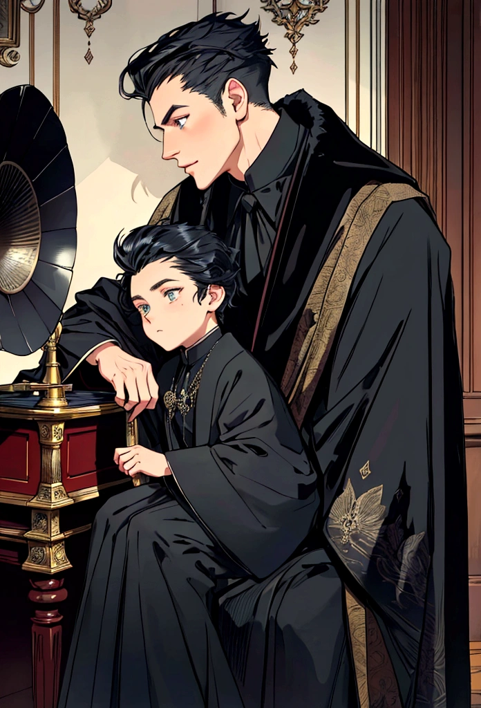 Sharp picture, Close-up of a person wearing a cloak, Wear black robes,old phonograph, gramophone , Listen to music , Elegant black clothes, Dark black clothes with black embroidery, Outfit with silver accents, Elegant dark royal robes, The luxurious clothes of the Imperial Family, Luxury coat, Royal Cape, fur coat, black hair, blue eyes, nonsense，High resolution，Very detailed），1 person，AS-Adult，handsome，The boy was tall and muscular.，Broad shoulders，Face profile of a 25 year old man, Fine, detailed eyes and a detailed face.，Quiff hairstyle, black short hair，Sit and rest. , old phonograph, gramophone，Listen to music，rest day ，The background is the house.