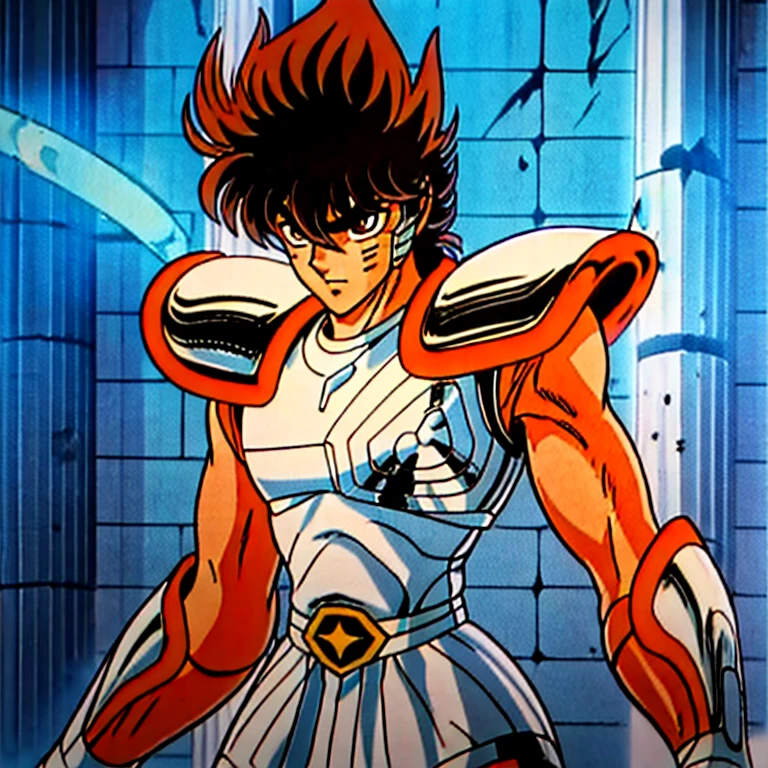 estilo shingoaraki-smf, knights of the zodiac, saint seiya, ****ung boy, messy brown hair, expression of determination on her face,  pegasus seiya , bandages, bloodstains, Ranni, pegasus armor, broken armor, rock ruins background, battle stance, kosmos, energy stars, blue aura