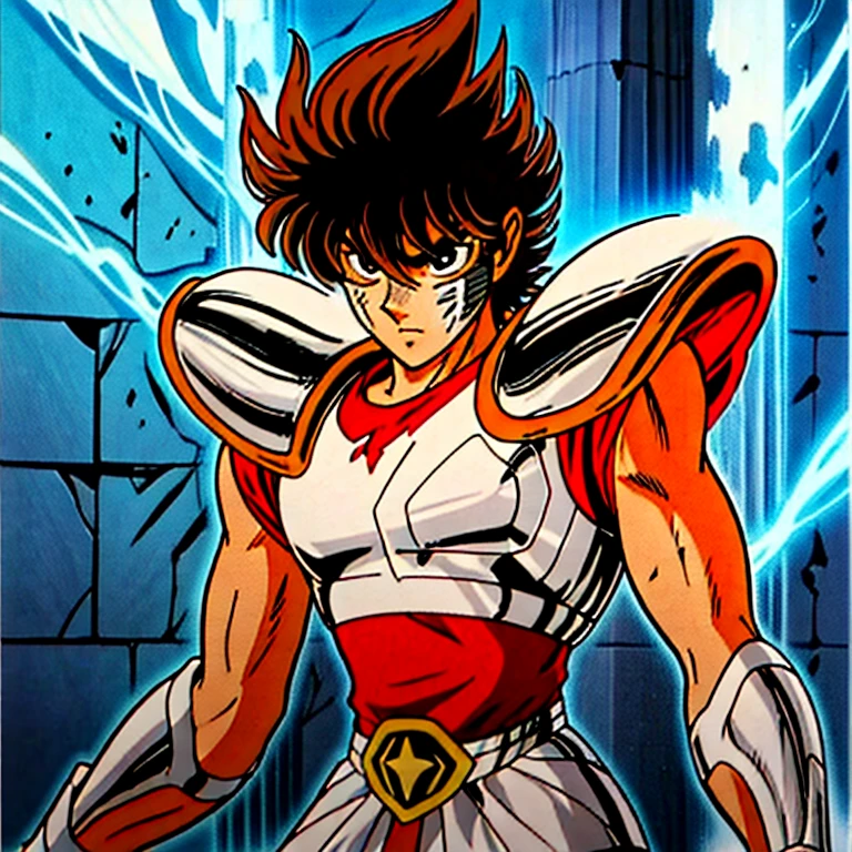 estilo shingoaraki-smf, knights of the zodiac, saint seiya, ****ung boy, messy brown hair, expression of determination on her face,  pegasus seiya , bandages, bloodstains, Ranni, pegasus armor, broken armor, rock ruins background, battle stance, kosmos, energy stars, blue aura