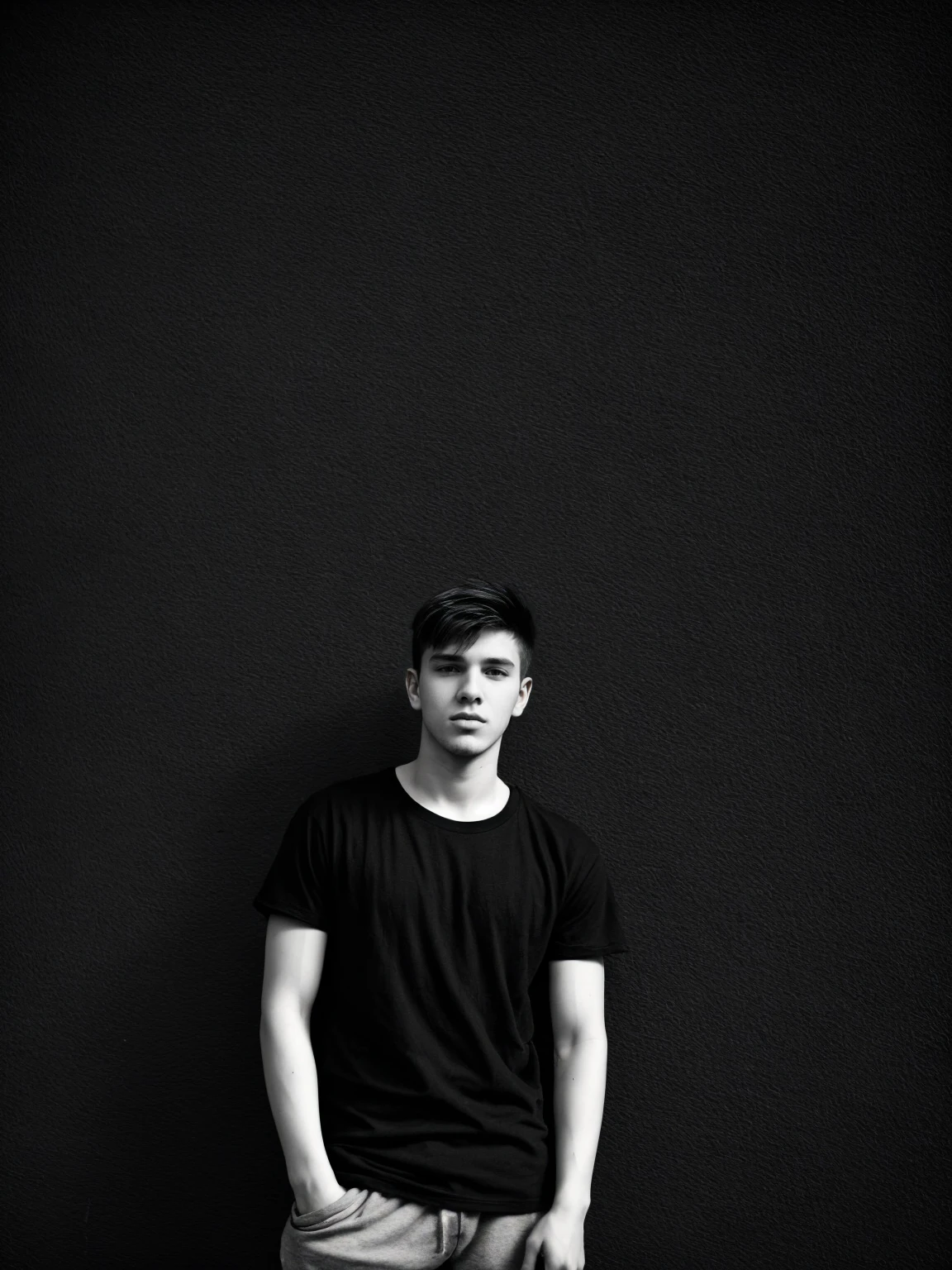 Generate an image in cinematic black and white, a young man wearing a black loose tee shirt in a street . Include a textured on the wall in the background. photograohic illumination
