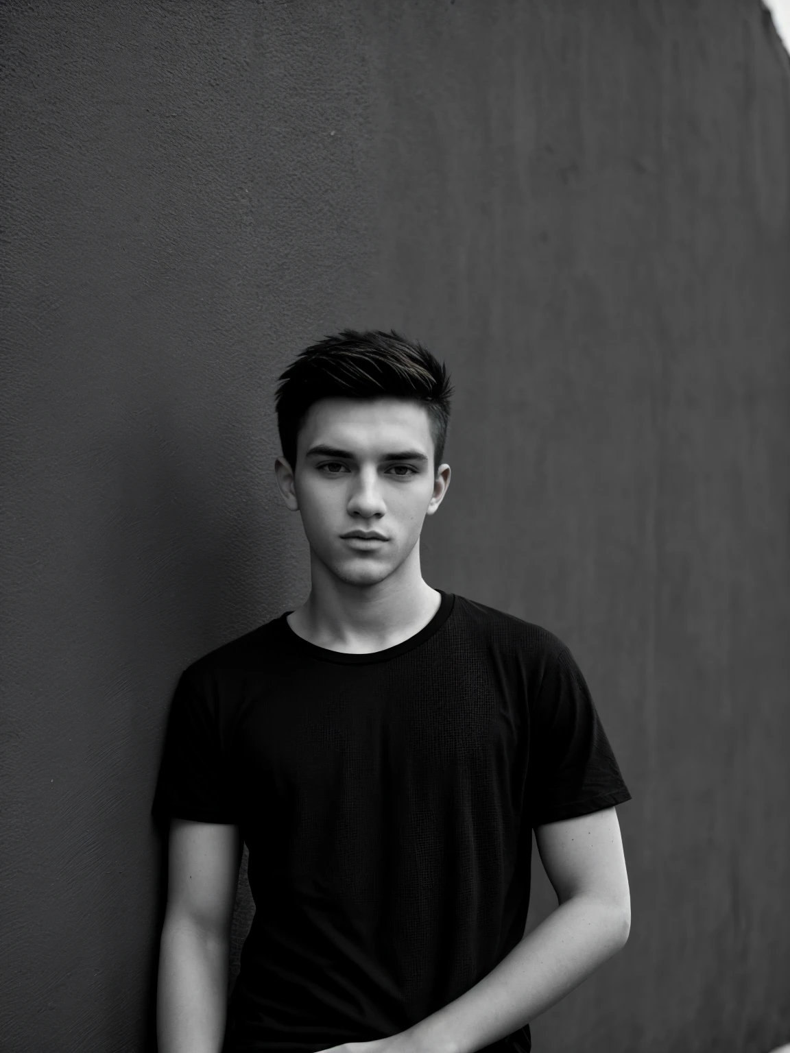 Generate an image in cinematic black and white, a young man wearing a black loose tee shirt in a street . Include a textured on the wall in the background. photograohic illumination