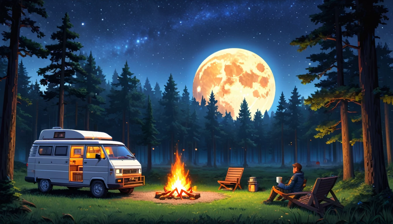 a detailed advance futuristic camper van in a grassy forest clearing at midnight,full moon shining bright, starry sky, campfire, man sitting and drinking coffee,pixelart,HDR,8k,high quality,photorealistic,detailed interior,masterpiece