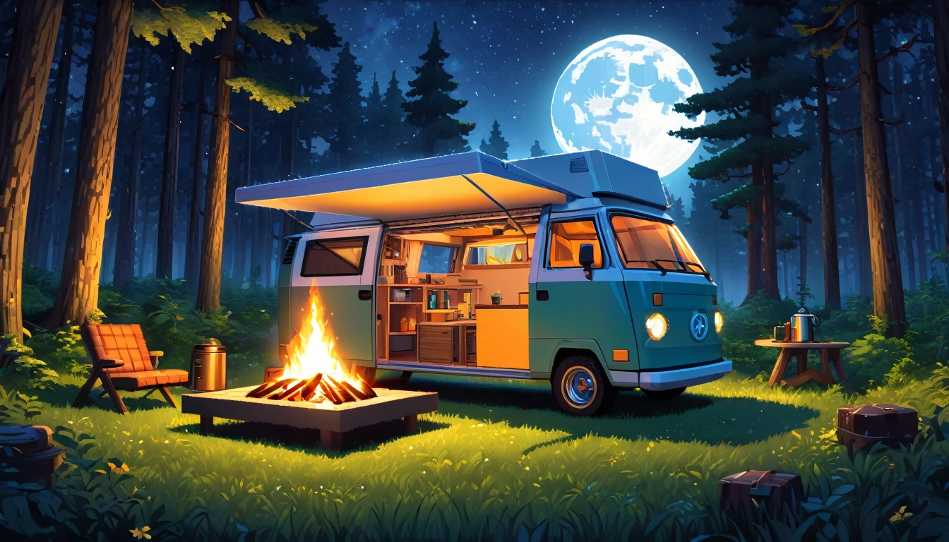 a detailed advance futuristic camper van in a grassy forest clearing at midnight,full moon shining bright, starry sky, campfire, man sitting and drinking coffee,pixelart,HDR,8k,high quality,photorealistic,detailed interior,masterpiece