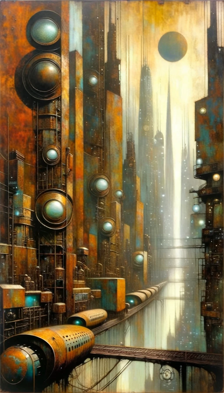 rusty metal sign, behind we see a large futuristic city (Dave Mckean inspired art, intricate details, oil painting)
