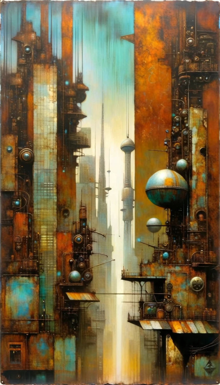rusty metal sign, behind we see a large futuristic city (Dave Mckean inspired art, intricate details, oil painting)