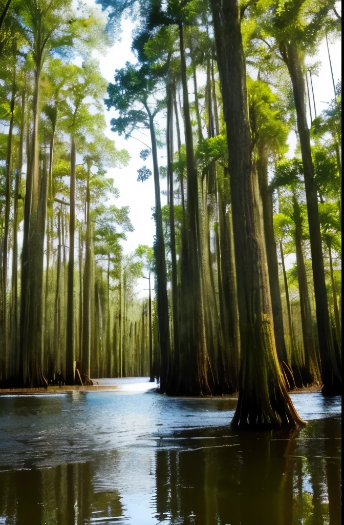 trees are growing in the water near a swamp with moss, spanish moss, louisiana swamps, scene from louisiana swamps, backwater bayou, tall cypress trees, colorful otherworldly trees, cypress trees, old trees, swamp forest, swamps, beautiful ancient trees, an old twisted tree, huge central tree, giant trees, by Neil Blevins, tangled trees