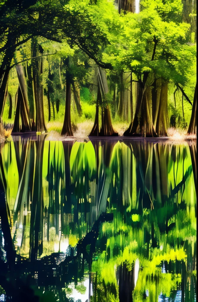 trees are growing in the water near a swamp with moss, spanish moss, louisiana swamps, scene from louisiana swamps, backwater bayou, tall cypress trees, colorful otherworldly trees, cypress trees, old trees, swamp forest, swamps, beautiful ancient trees, an old twisted tree, huge central tree, giant trees, by Neil Blevins, tangled trees