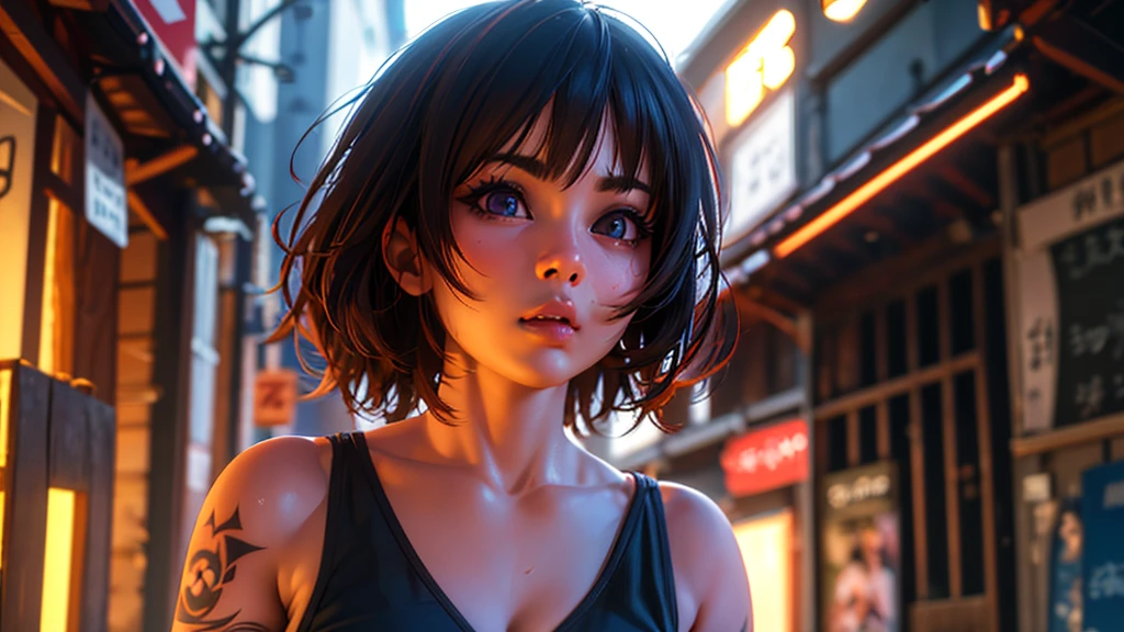 (Light clothing、Cleavage、Full body photo、beautiful legacy makeup、short hair、Short Bob、Patsun、Digital tattoo、tattoo、Glare、Loose Hair Color、upon、small、胸がsmall))、One Girl、masterpiece、Japanese girl、Absurd、High resolution、Ultra-detailed、Depth of written boundary、masterpiece、Highly detailed CG、3D Photography、3D Background、Unity、8K、High Resolution、Highest quality、Shadowy、Sharp focus、Pale-skinned、Detailed eyes、Blurred Background、Dynamic Angle、Most amazing super feats exaggeration、Mouth closed、Look at the viewers、Super Clear、Curvaceous
