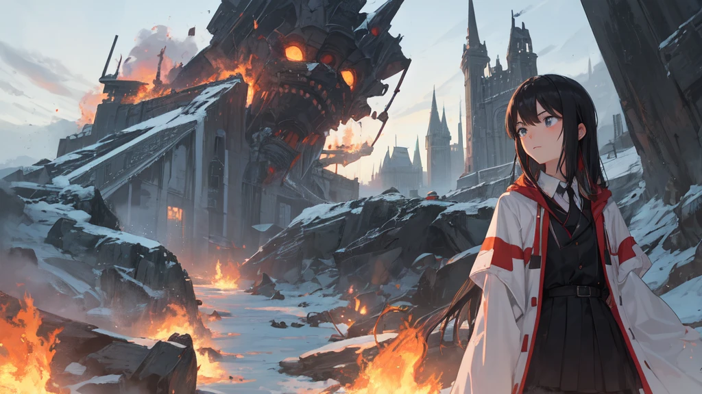 masterpiece:1.2), best quality , 独奏 ,pixiv, anime girl ,long straight white hair , black eyes ,Wearing off-white camouflage uniform ,,military fortress,(Eyes looking into the distance:1.3),(look away:1.5),snowy weather,dirty face,The background is a sea of fire with blood on the forehead,dirty face,Backlight,Bare rocky peaks ,Fierce flames are burning,The expression is sad,Grit your teeth,
