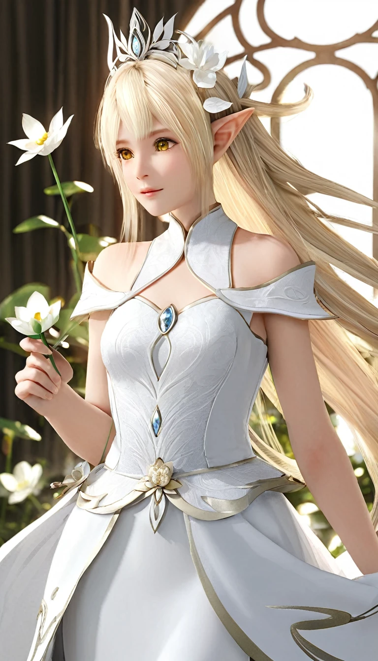 1woman, elven ears, white god, light blonde hair, longest hairstyle, glowing yellow eyes, white lotus, white light princess, elegant thai dress,