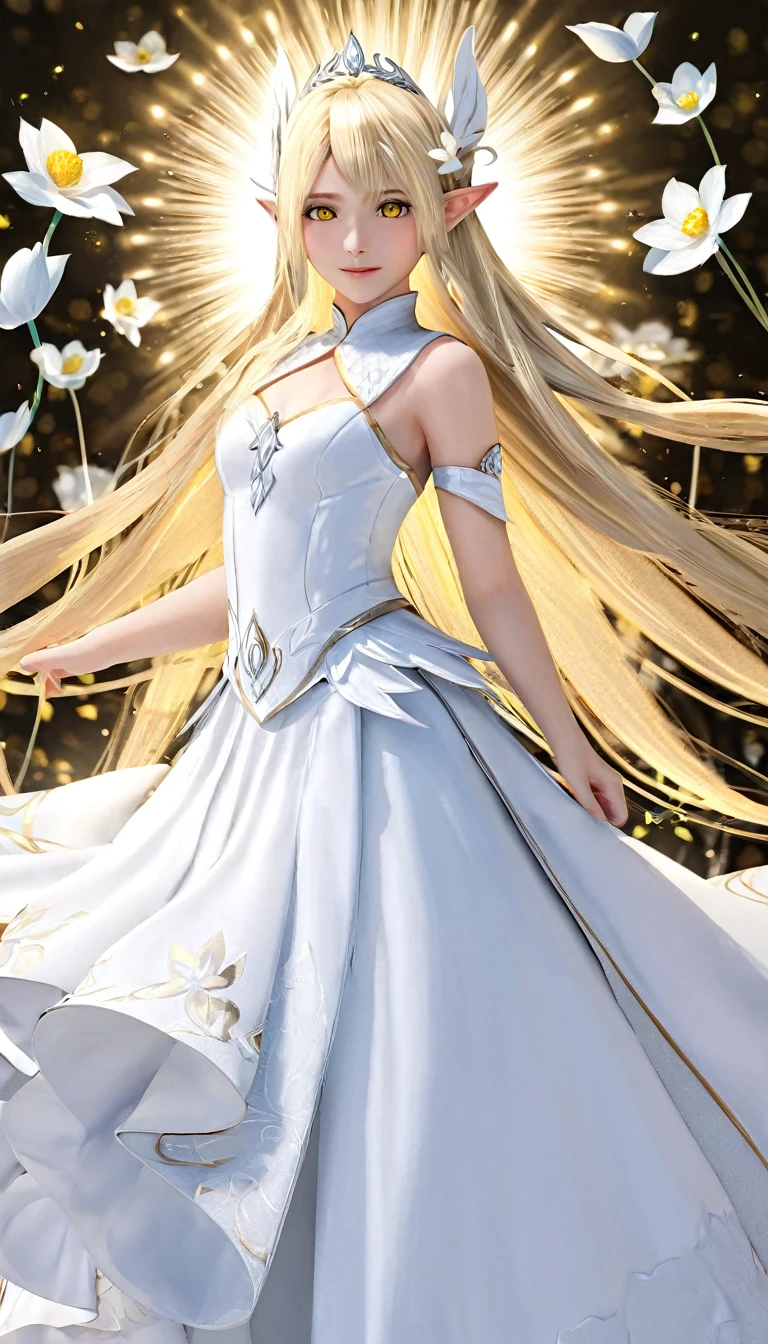 1woman, elven ears, white god, light blonde hair, longest hairstyle, glowing yellow eyes, white lotus, white light princess, elegant thai dress,