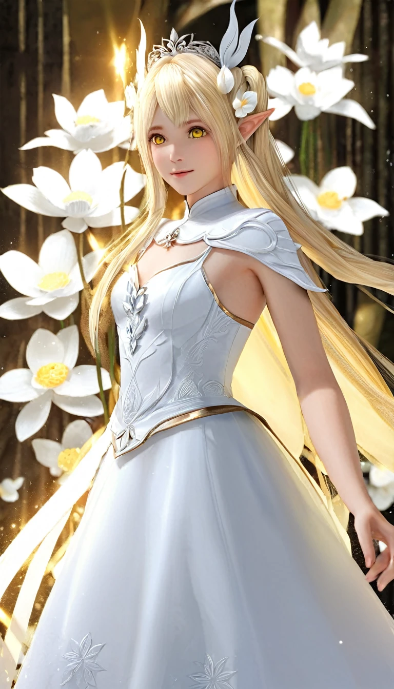1woman, elven ears, white god, light blonde hair, longest hairstyle, glowing yellow eyes, white lotus, white light princess, elegant thai dress,
