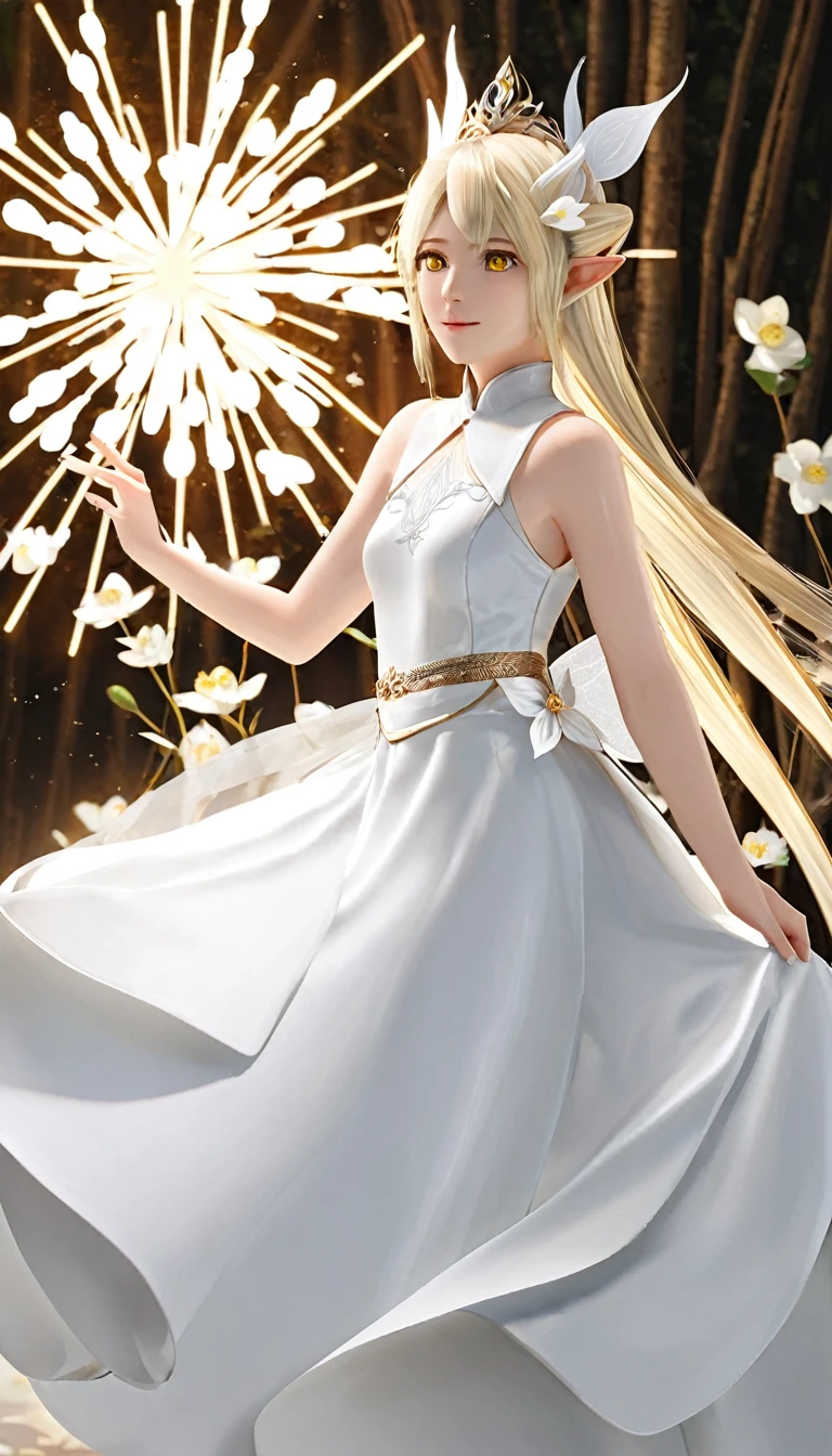 1woman, elven ears, white god, light blonde hair, longest hairstyle, glowing yellow eyes, white lotus, white light princess, elegant thai dress,