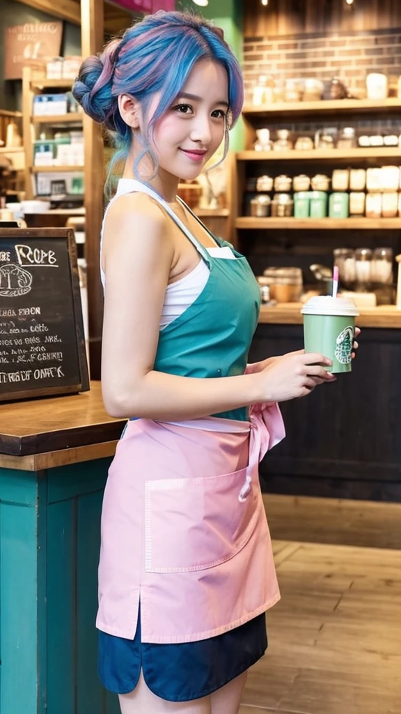 Cool beauty, Looks sweet, (updo, blue and pink hair), only wearing dark green starbucks apron, off-shoulders. show clavage, show big thigh, plump body, huge breast, full body photo, standing pose. Side view. In coffee shop.