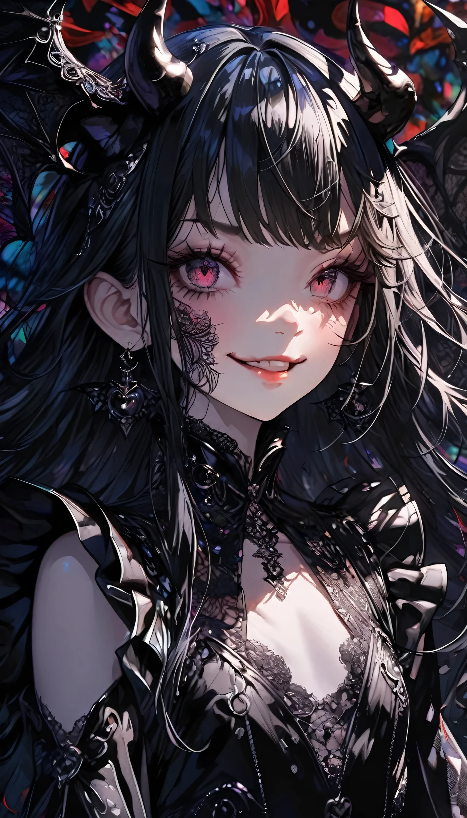 (Maximalism:1.5),(absurdres:1.5), (highres), (best quality:1.1), (ultra-detailed:1.1), (an extremely delicate and beautiful), 1 girl, smirk, (beautiful face), (detailed face), Devil,transparent black hair, long hair, devil horns, Devil's Wings, flat chest, black gothic dress, beautiful face, (detailed face), portfolio, upper body, clear black hair, long hair, black darkness stirring background, glitter,( Zentangle:1.2),
