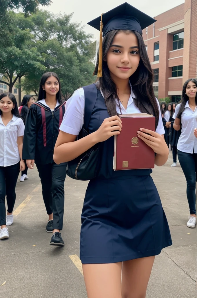 Image of a girl in college campus or a graduation ceremony with her friends