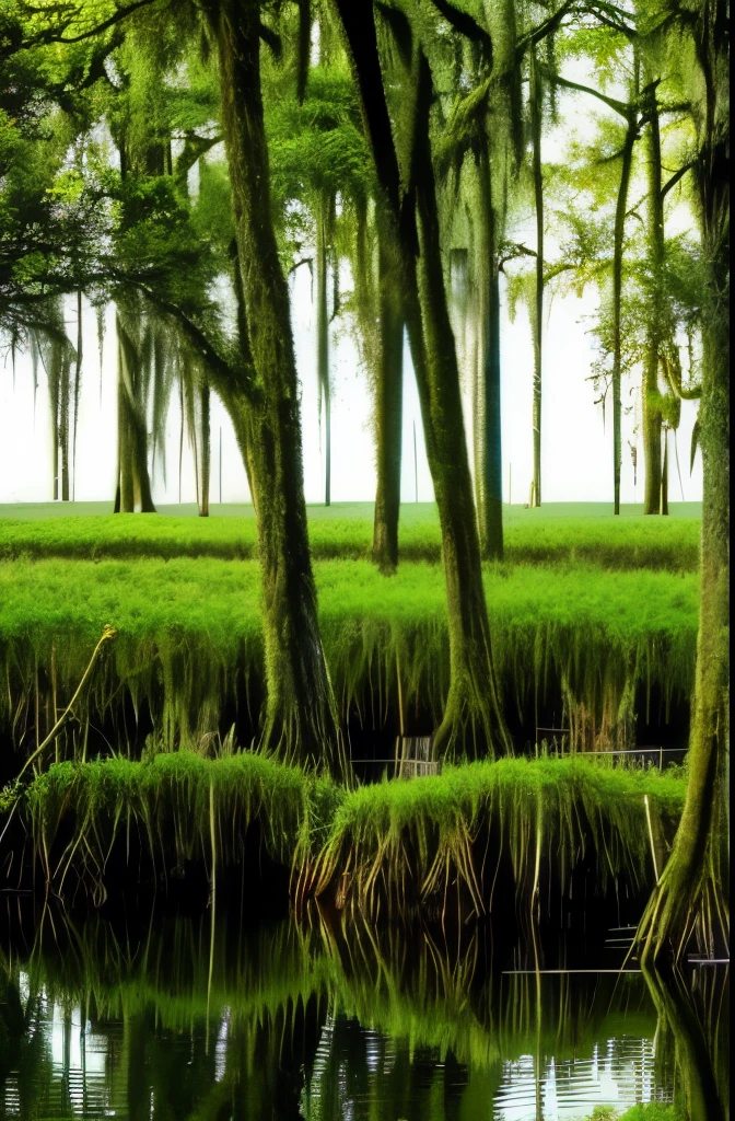 trees are growing in the water near a swamp with moss, a portrait by Neil Blevins, flickr, visual art, spanish moss, louisiana swamps, scene from louisiana swamps, backwater bayou, tall cypress trees, colorful otherworldly trees, cypress trees, old trees, swamp forest, swamps, beautiful ancient trees, an old twisted tree, huge central tree