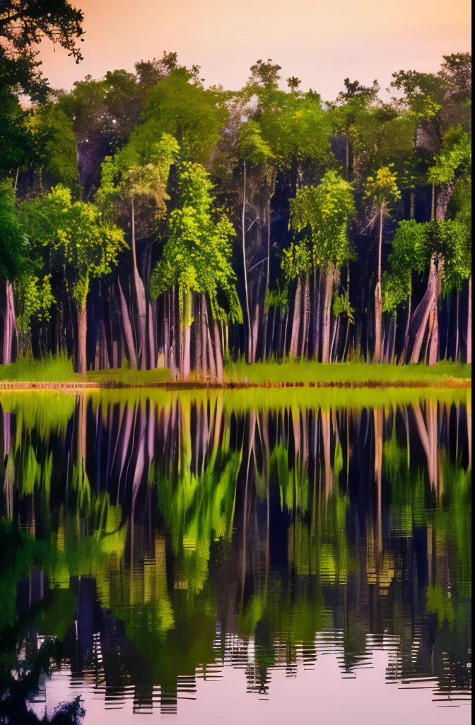 trees are growing in the water near a swamp with moss, a portrait by Neil Blevins, flickr, visual art, spanish moss, louisiana swamps, scene from louisiana swamps, backwater bayou, tall cypress trees, colorful otherworldly trees, cypress trees, old trees, swamp forest, swamps, beautiful ancient trees, an old twisted tree, huge central tree
