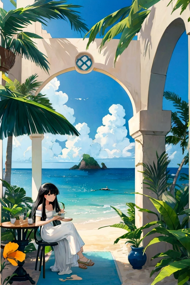 best quality, Tropical、Beach、Cafe、Large terrace、Black Haired Girl,Landscape painting、Ghibli style,Detailed write-up、Glossy